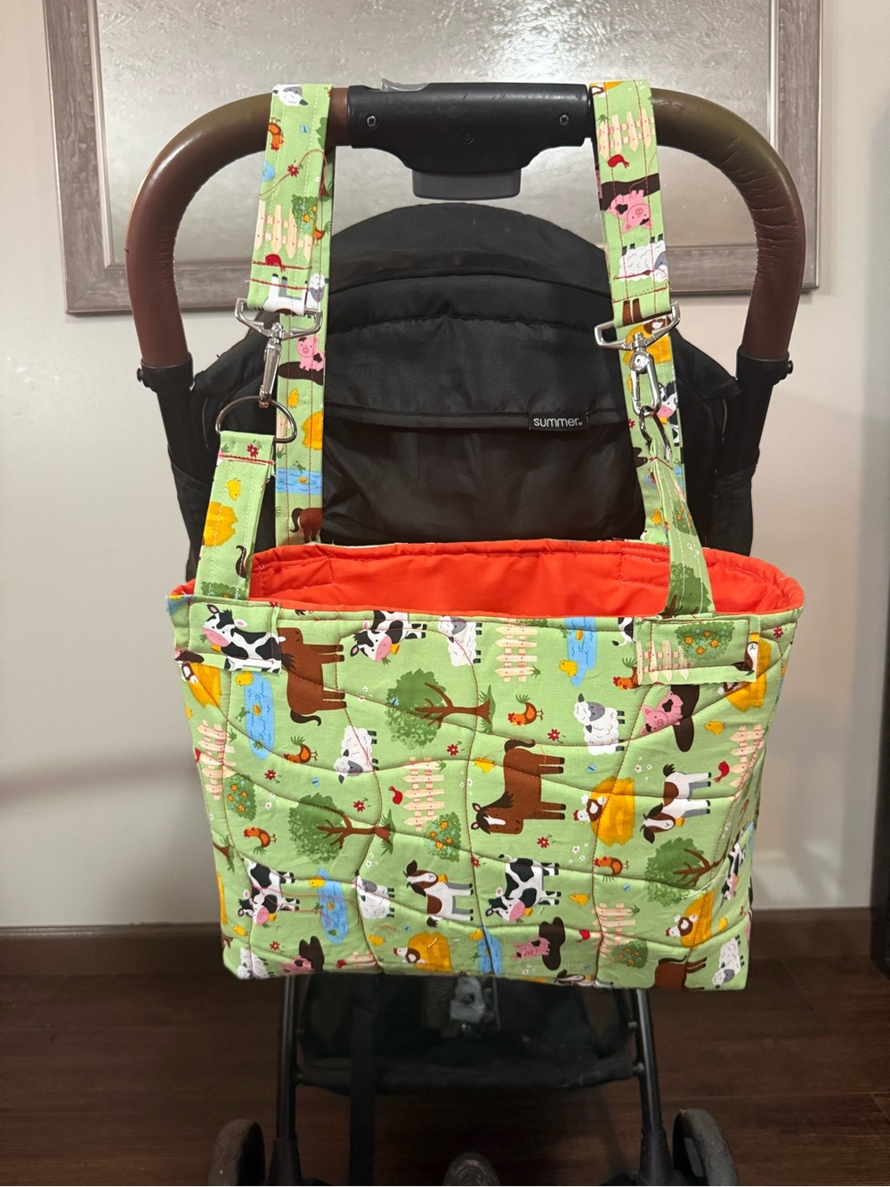 Farm Animal Stroller Organizer Tote in Lime Green & Orange